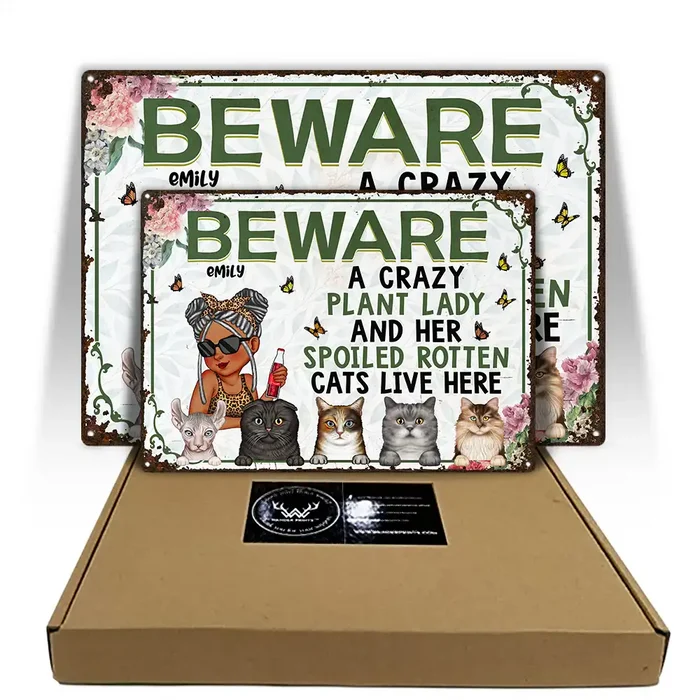 A Crazy Plant Lady & Her Spoiled Rotten Cats Live Here Funny - Personalized Classic Metal Signs