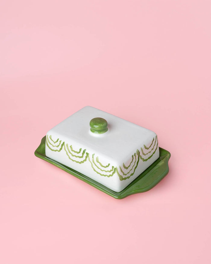 Artisanal Ceramic Butter Dish – Green & White