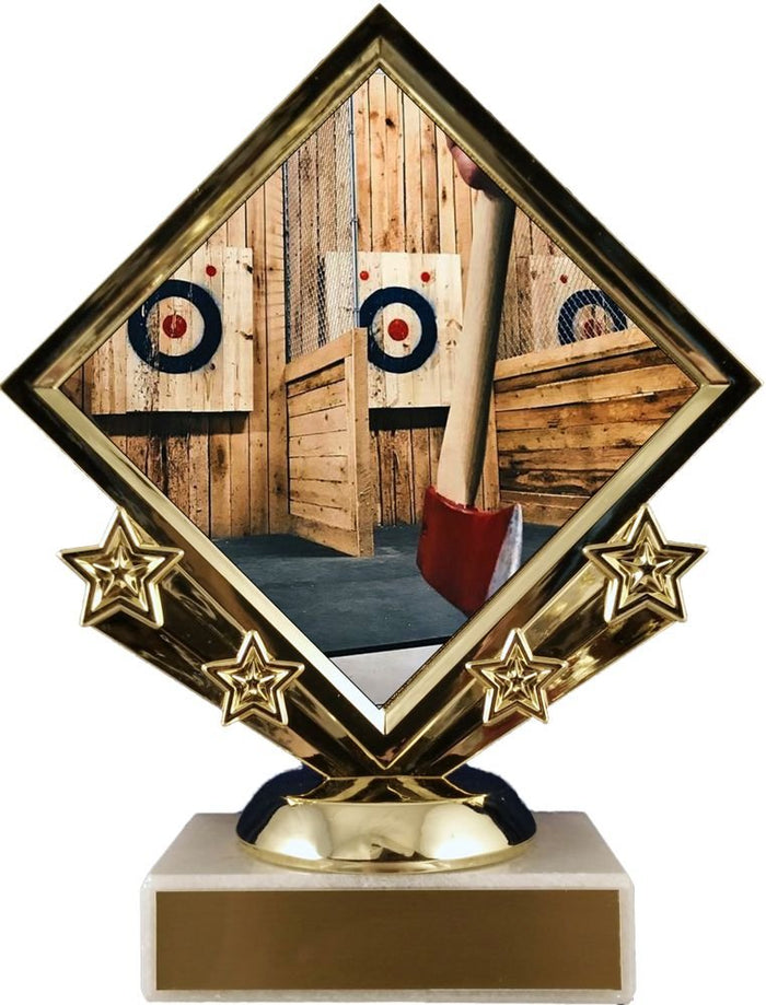 A trophy featuring a diamond-shaped plaque with an axe and targets design, mounted on a gold-colored stem with five star decorations, on a white base.
