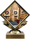 A trophy featuring a diamond-shaped plaque with an axe and targets design, mounted on a gold-colored stem with five star decorations, on a white base.
