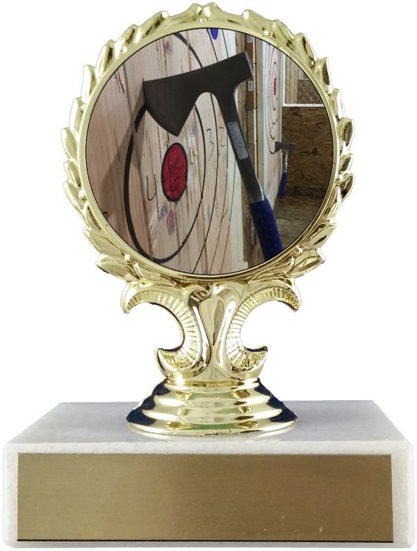 Axe throwing logo trophy on laurel wreath holder figure on white marble base with gold engraving plate