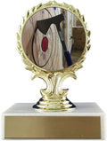 Axe throwing logo trophy on laurel wreath holder figure on white marble base with gold engraving plate
