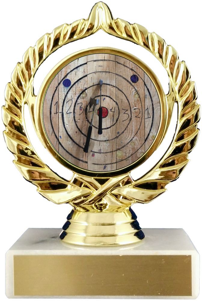 Axe throwing logo trophy on laurel wreath holder figure on white marble base with gold engraving plate