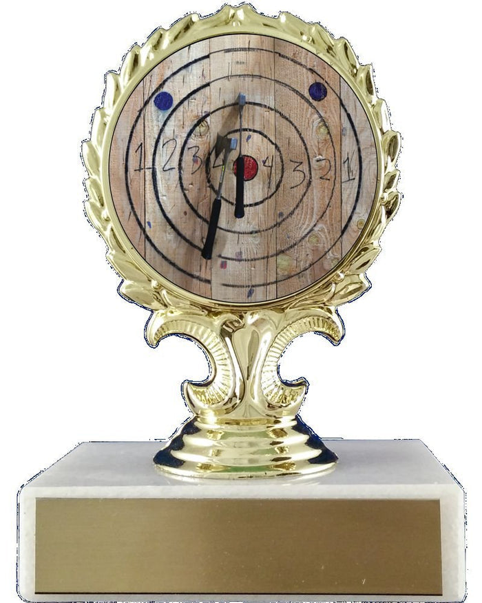 Axe throwing logo trophy on laurel wreath holder figure on white marble base with gold engraving plate