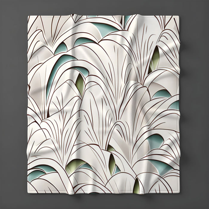 Beige Botanical Fan Leaf Pattern Fleece Sherpa Blanket