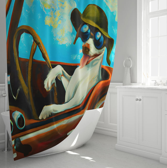 Blue Retro Dog Portrait Artwork Shower Curtain