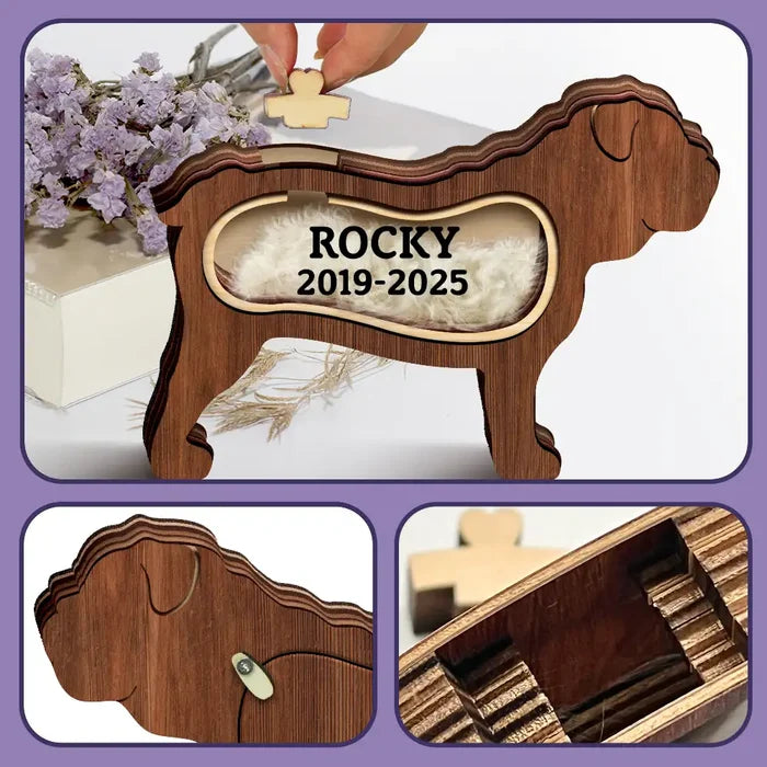 Dog Lovers,Dog Mom,Dog Dad,Pet Lovers,Pet Mom,Pet Dad,Memorial,Sad-Bulldog Dog Memorial Shadowbox Fur Keepsake - Personalized Pet Shaped Wooden Keepsake