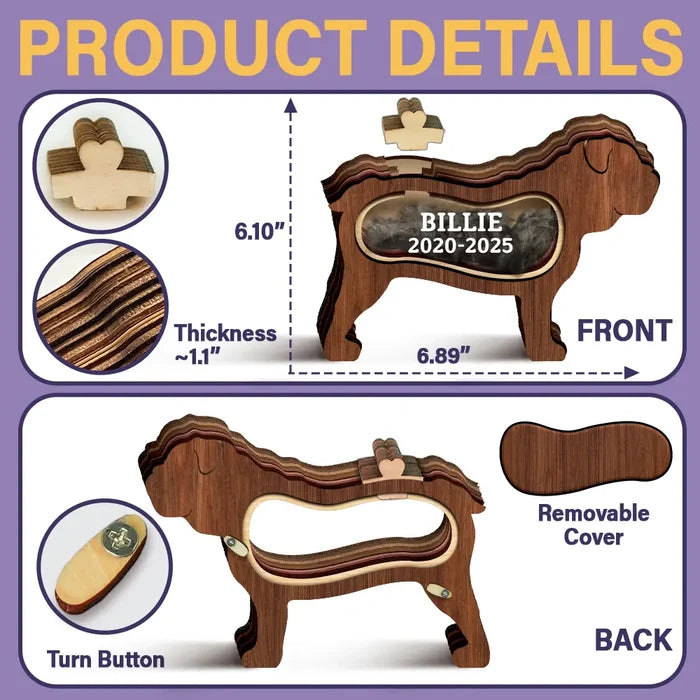 Dog Lovers,Dog Mom,Dog Dad,Pet Lovers,Pet Mom,Pet Dad,Memorial,Sad-Bulldog Dog Memorial Shadowbox Fur Keepsake - Personalized Pet Shaped Wooden Keepsake