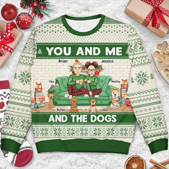 Pet Couple - You And Me And The Dogs Cartoon - Personalized Unisex Ugly Sweater