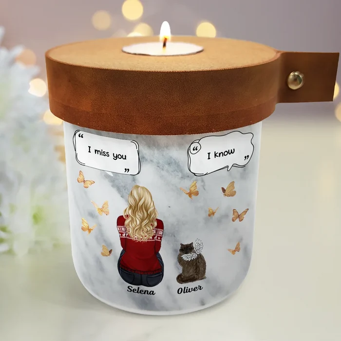 Pet Lovers,Pet Mom,Pet Dad,Pet Couple,Cat Lovers,Cat Dad,Cat Couple,Memorial,Cat Mom,Sad - Cat Memorial Urn I Miss You I Know - Personalized Ceramic Jar With Candle Holder Lid