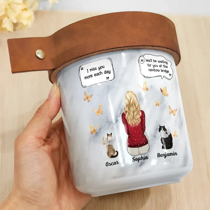Pet Lovers,Pet Mom,Pet Dad,Pet Couple,Cat Lovers,Cat Dad,Cat Couple,Memorial,Cat Mom,Sad - Cat Memorial Urn I Miss You I Know - Personalized Ceramic Jar With Candle Holder Lid