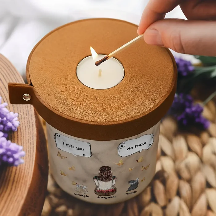 Pet Lovers,Pet Mom,Pet Dad,Pet Couple,Cat Lovers,Cat Dad,Cat Couple,Memorial,Cat Mom,Sad - Cat Memorial Urn I Miss You I Know - Personalized Ceramic Jar With Candle Holder Lid