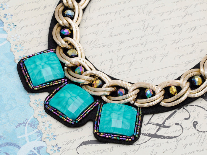 Chain Beaded Turquoise Gem Tribal Bib Necklace