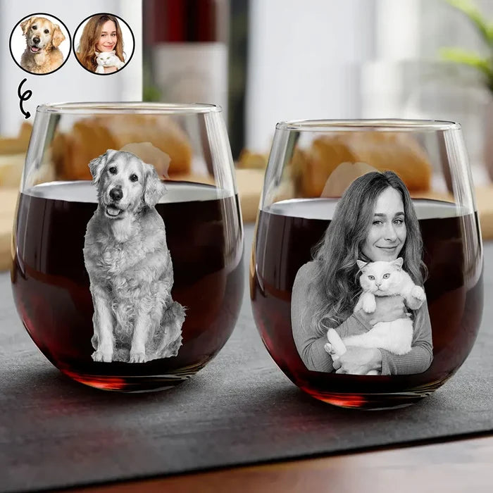 Dog Lovers, Pet Lovers, Cat Lovers - Custom Photo Dog Cat Pet Family - Personalized Stemless Wine Glass