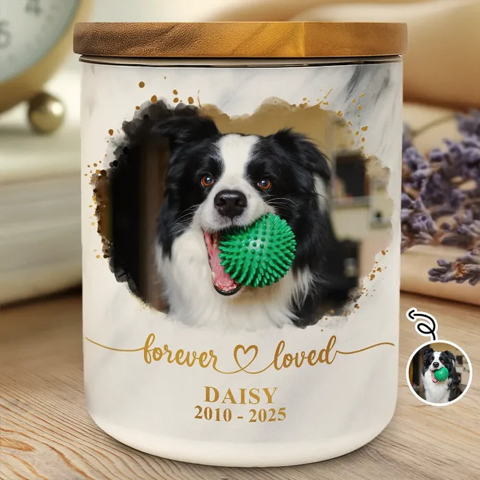 Pet Lovers,Pet Mom,Pet Dad,Pet Couple,Dog Lovers,Dog Mom,Dog Dad,Dog Couple,Cat Lovers,Cat Mom,Cat Dad,Cat Couple,Memorial,Sad - Custom Photo Dog Cat Memorial Keepsake Forever Loved - Personalized Ceramic Jar With Wooden Lid