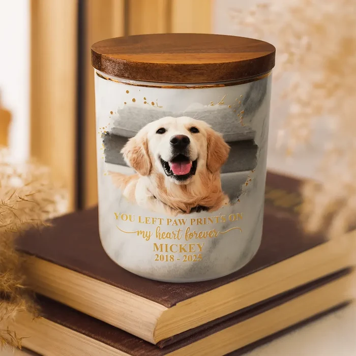 Pet Lovers,Pet Mom,Pet Dad,Pet Couple,Dog Lovers,Dog Mom,Dog Dad,Dog Couple,Cat Lovers,Cat Mom,Cat Dad,Cat Couple,Memorial,Sad - Custom Photo Dog Cat Memorial Keepsake Forever Loved - Personalized Ceramic Jar With Wooden Lid