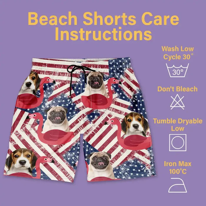 Custom Photo Funny Pet Face Stars And Stripes - Personalized Custom Unisex Beach Shorts
