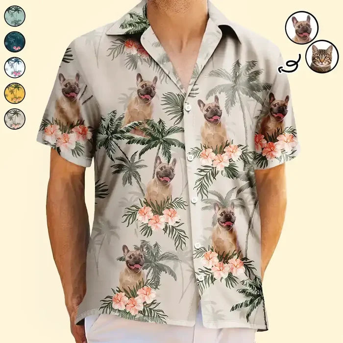 Custom Photo,Pet Lovers,Pet Mom,Pet Dad,Dog Lovers,Dog Mom,Dog Dad,Family,Happy,Summer,Beach - Custom Photo Family Pet Face Palm Tree Pattern - Personalized Hawaiian Shirt