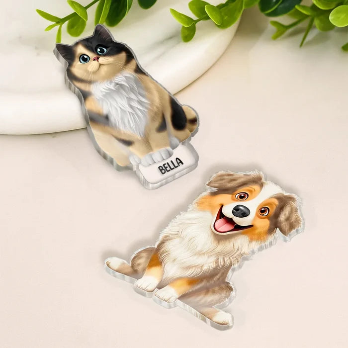 Pet Lovers, Pet Dad, Pet Mom, Pet Couple, Dog Lovers, Cat Lovers - Cute Dog And Cat 3D Effect With Name - Personalized Acrylic Fridge Magnet