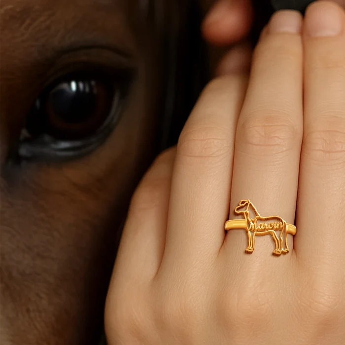 Farm, Pet Lovers, Pet Mom, Gift For Women - Cute Minimalist Horse Shaped Jewelry For Horse Lovers - Personalized Pet Silhouette Name Ring