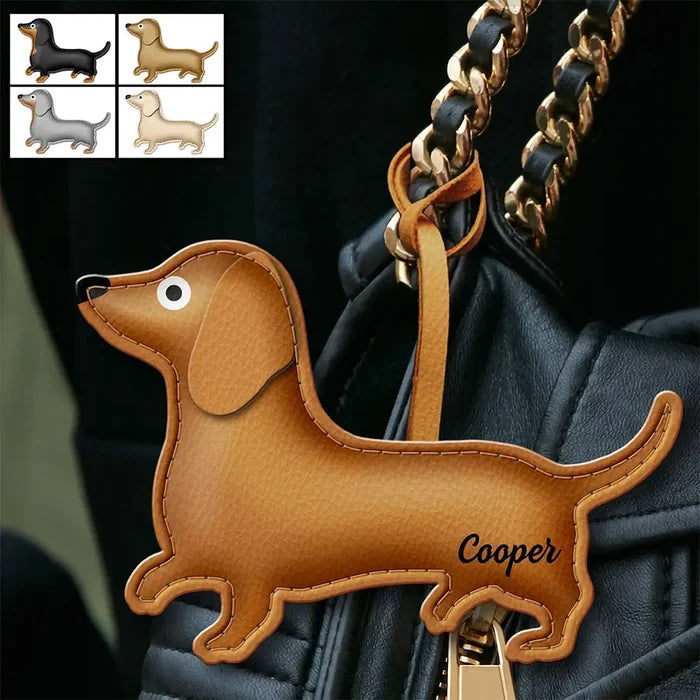 Dog Lovers,Pet Lovers,Dog Mom,Happy-Dachshund Shaped, Dog Lovers Charm - Personalized Dog Leather Bag Charm, Keychain