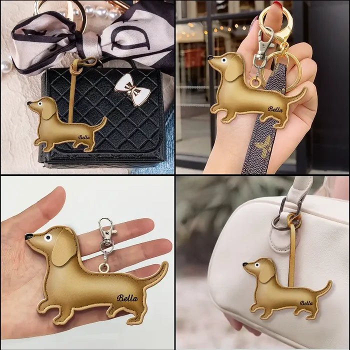 Dog Lovers,Pet Lovers,Dog Mom,Happy-Dachshund Shaped, Dog Lovers Charm - Personalized Dog Leather Bag Charm, Keychain