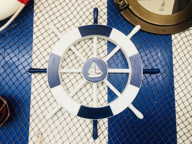 Dark Blue and White Decorative Ship Wheel with Sailboat 18"