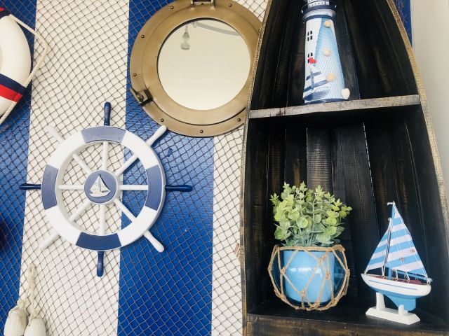 Dark Blue and White Decorative Ship Wheel with Sailboat 18"