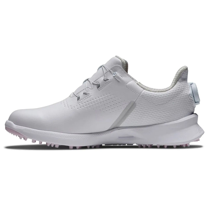 A white athletic shoe with a textured upper and spiked sole is displayed sideways showcasing its lacing and design features suitable for golf or other sports activities.