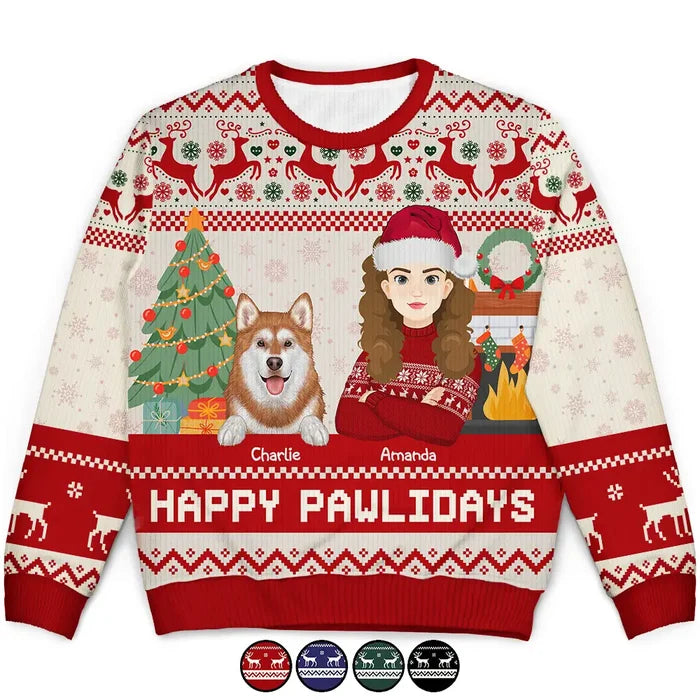 Pet Lovers, Cat Lovers, Dog Lovers - Happy Pawlidays Dog And Cat Lover Flat Art - Personalized Unisex Ugly Sweater