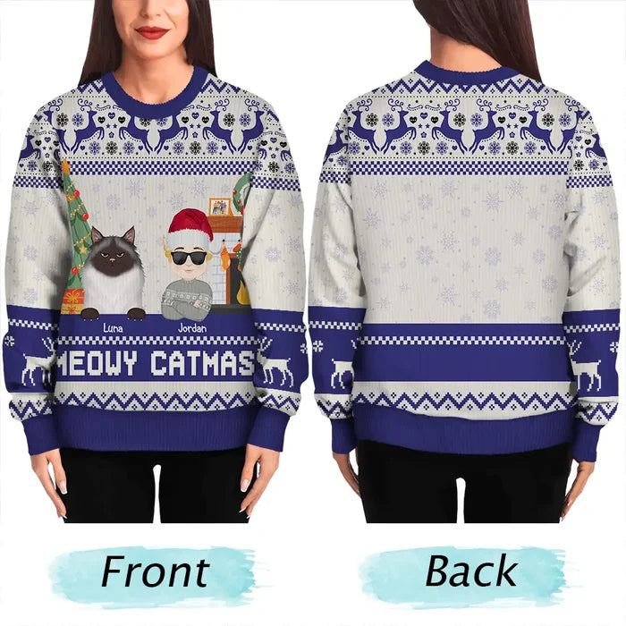 Pet Lovers, Cat Lovers, Dog Lovers - Happy Pawlidays Dog And Cat Lover Flat Art - Personalized Unisex Ugly Sweater