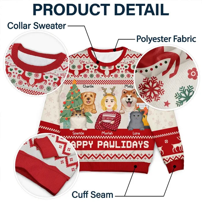 Pet Lovers, Cat Lovers, Dog Lovers - Happy Pawlidays Dog And Cat Lover Flat Art - Personalized Unisex Ugly Sweater