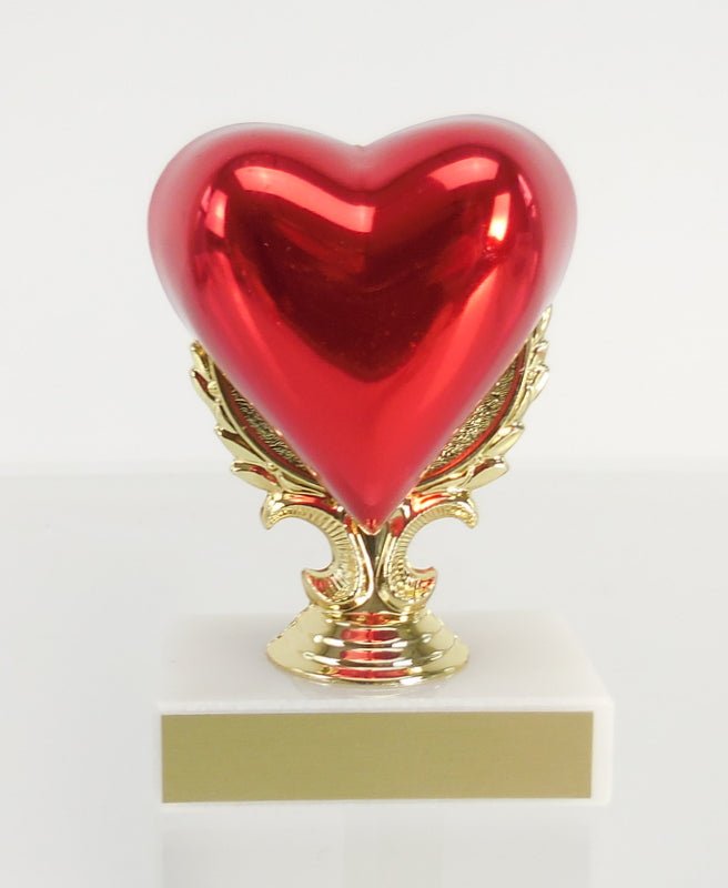 Glossy Heart Trophy on Wreath Figure on White Marble Base with Gold Engraving Plate