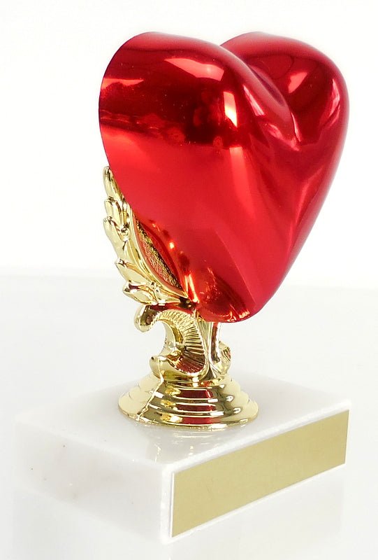 Glossy Heart Trophy on Wreath Figure on White Marble Base with Gold Engraving Plate