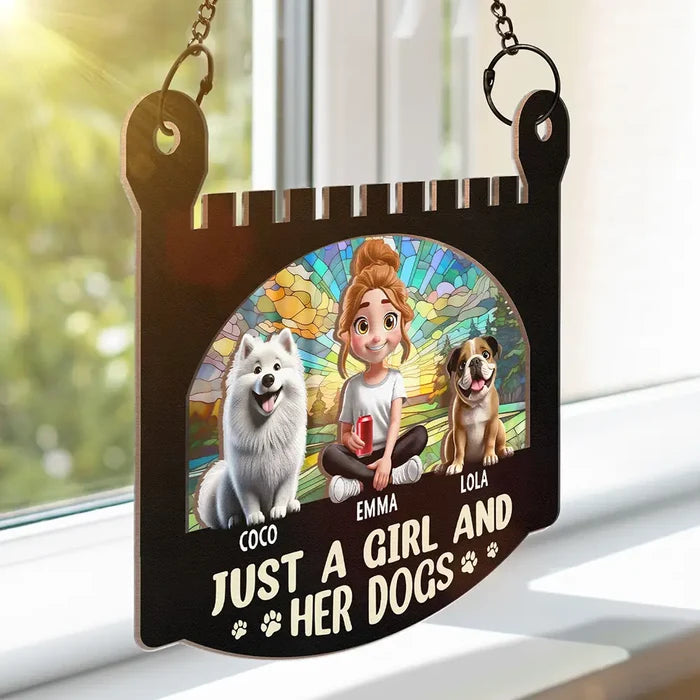 Dog Lovers,Dog Mom,Dog Dad,Pet Lovers,Pet Mom,Pet Dad,Happy,Gift For Kids - Just A Girl And Her Dog - Personalized Window Hanging Suncatcher Ornament