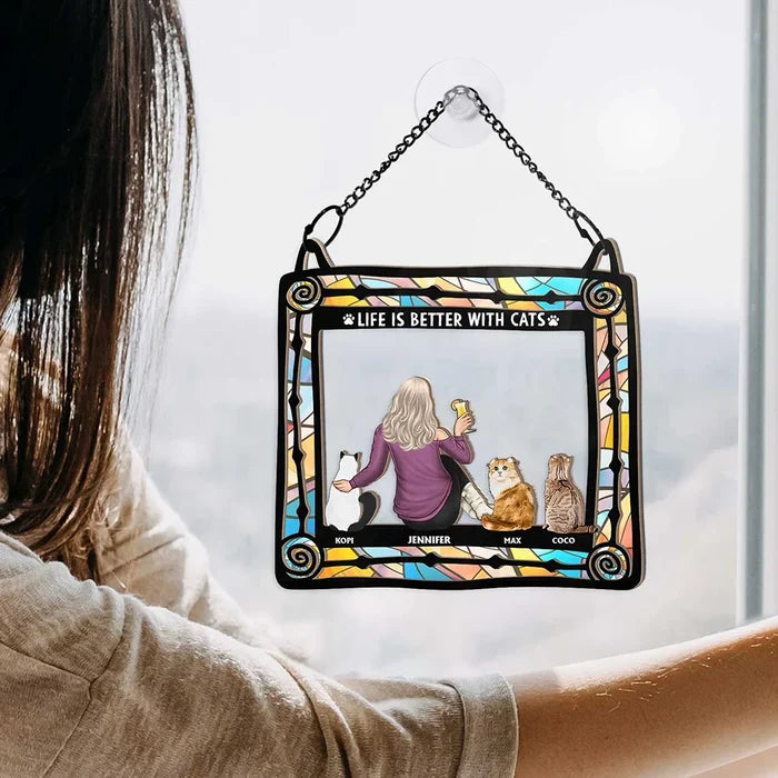 Cat Lovers, Cat Mom, Pet Lovers, Cat Dad - All You Need Is Love And Cats - Personalized Window Hanging Suncatcher Ornament