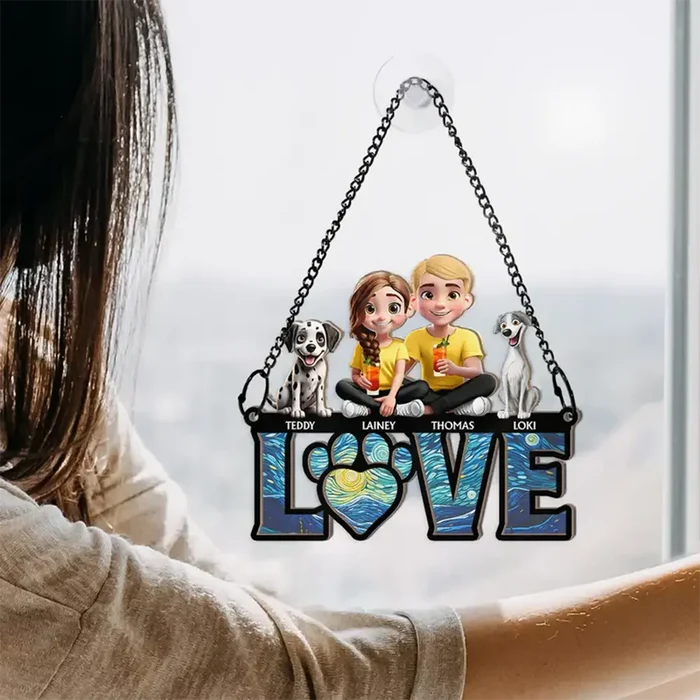 Gift For Couples,Gift For Husband,Gift For Wife,Gift For Boyfriend,Gift For Girlfriend,LGBT,Pet Lovers,Pet Couple,Dog Lovers,Dog Couple,Cat Lovers,Cat Couple,Love - Love Is A Four Legged Word With Dogs Cats - Personalized Window Hanging Suncatcher Ornament