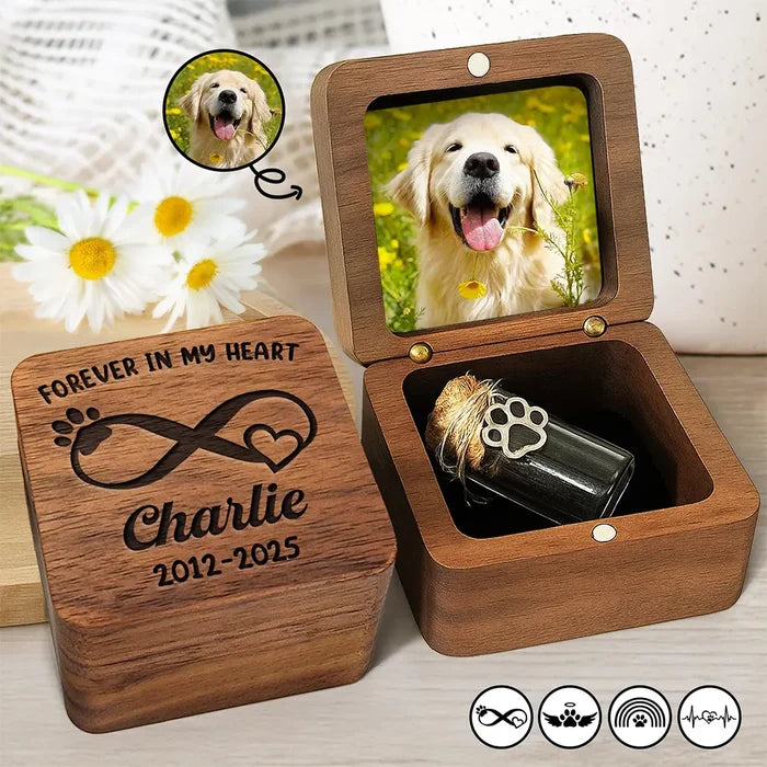 Pet Lovers,Pet Mom,Pet Dad,Dog Lovers,Dog Mom,Dog Dad,Cat Lovers,Cat Mom,Cat Dad,Memorial,Sad - Pet Memorial Fur Keepsake Forever In My Heart - Personalized Custom Photo Wooden Box With Glass Jar