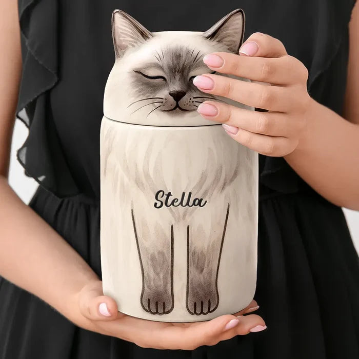Memorial,Cat Lovers,Cat Mom,Cat Dad,Pet Lovers,Pet Mom,Pet Dad,Sad-Pet Memorial Urn With Cat Sculpture Lid - Personalized Ceramic Pet-Shaped Keepsake Jar