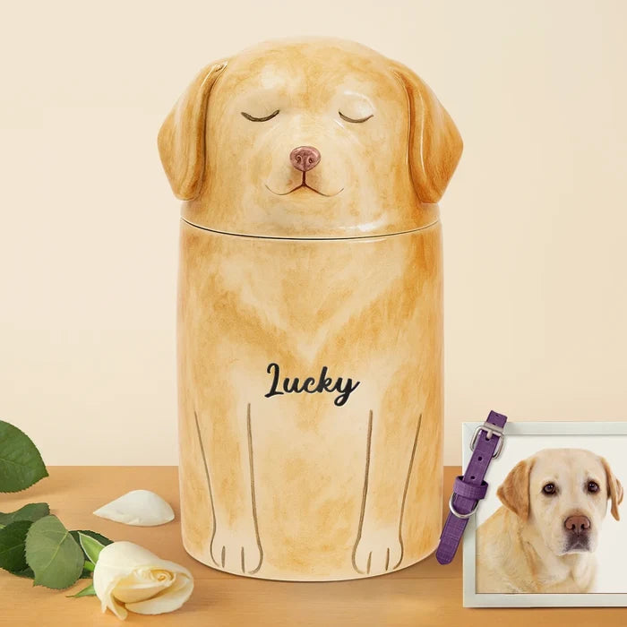 Memorial,Pet Lovers,Pet Mom,Pet Dad,Dog Lovers,Dog Mom,Dog Dad,Sad - Pet Memorial Urn with Dog Sculpture Lid - Personalized Ceramic Pet-Shaped Keepsake Jar