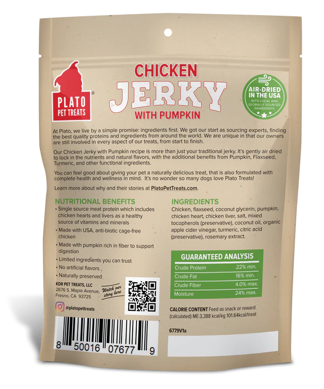 Plato Chicken Jerky with Pumpkin Dog Treats