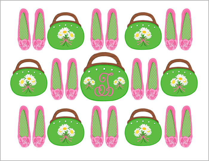 Preppy Favorites Personalized Folded Note Cards, Pink & Green Daisies
