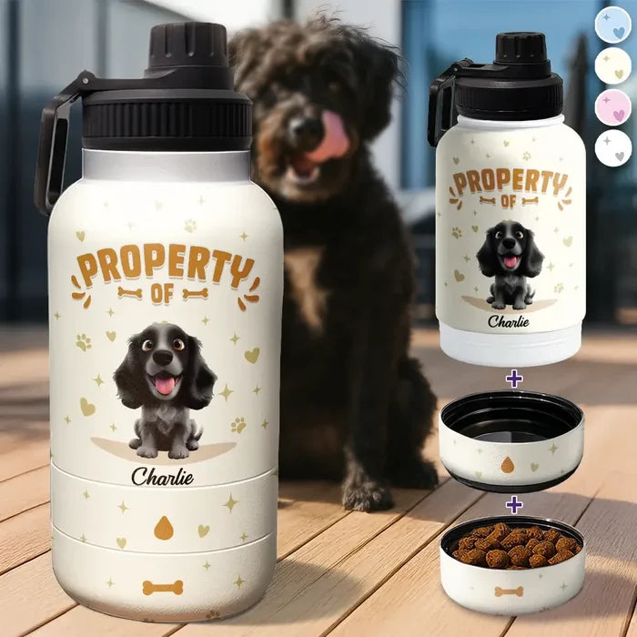 Dog Lovers,Dog Mom,Dog Dad - Property of Adorable Dogs - Personalized 30oz Pet Water Bottle With Bowl