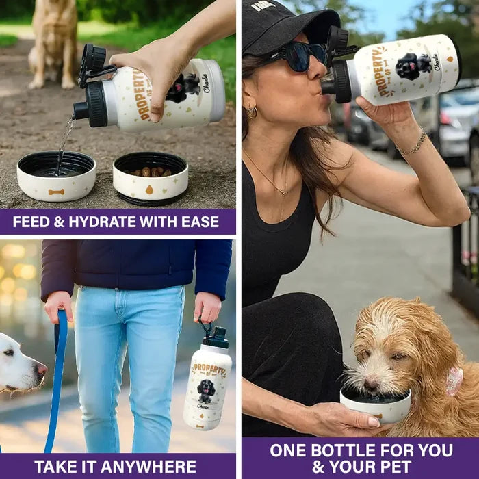 Dog Lovers,Dog Mom,Dog Dad - Property of Adorable Dogs - Personalized 30oz Pet Water Bottle With Bowl