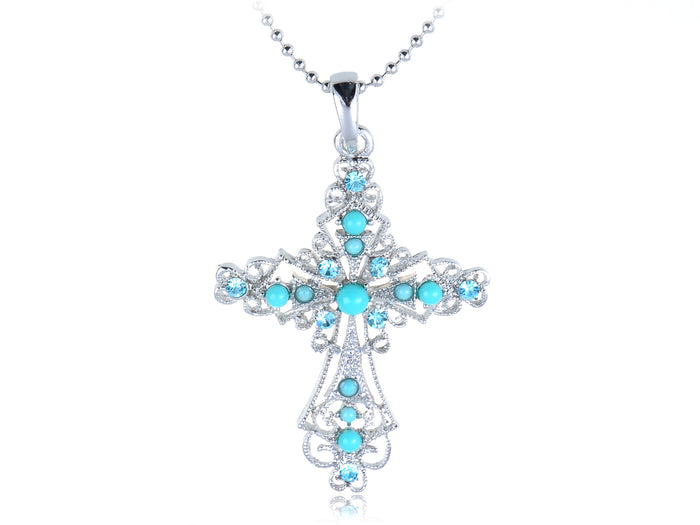 Silver Turquoise Blue Beaded Celtic Cross Pendant Necklace - ALILANG.COM