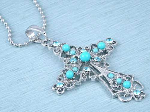 Silver Turquoise Blue Beaded Celtic Cross Pendant Necklace - ALILANG.COM