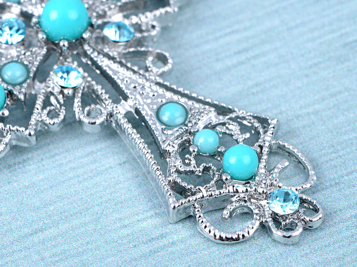Silver Turquoise Blue Beaded Celtic Cross Pendant Necklace - ALILANG.COM