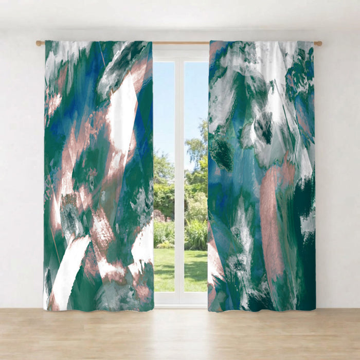 Teal and White Ocean Marble Texture Pattern Window Curtains