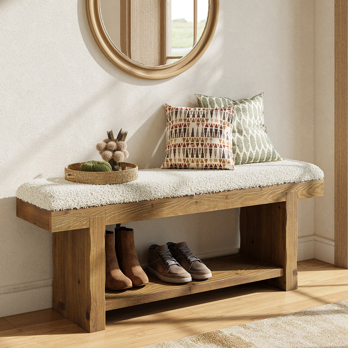 Tribesigns 47.2-Inch Farmhouse Entryway Bench with Storage Shelf, Solid Wood Upholstered Shoe Bench for Mudroom