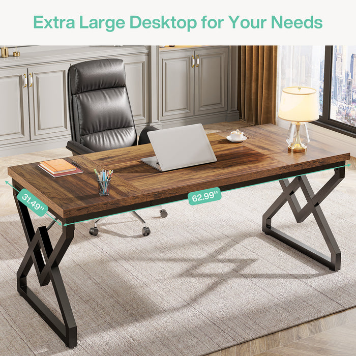 Tribesigns 63-Inch Large Office Desk, Industrial Computer Executive Desk with Extra Thick Wood-Look Top and Metal Frame for Home Office